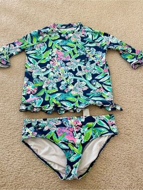 Lilly Pulitzer Navy Floral Girls Rash Guard Swim Set with Green & Pink Accents